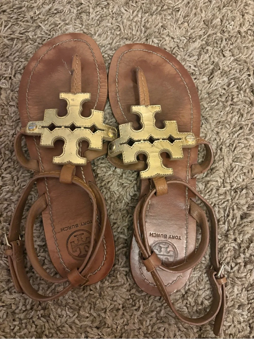 Tory Burch Tan Leather Sandals with Gold Logo Accents